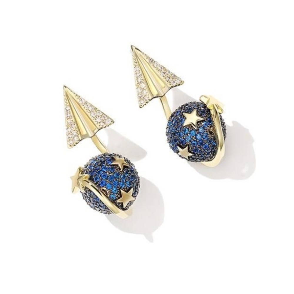 Gold and Blue Vintage Saturn Star Celestial Blue Planet Earring (NWOT)